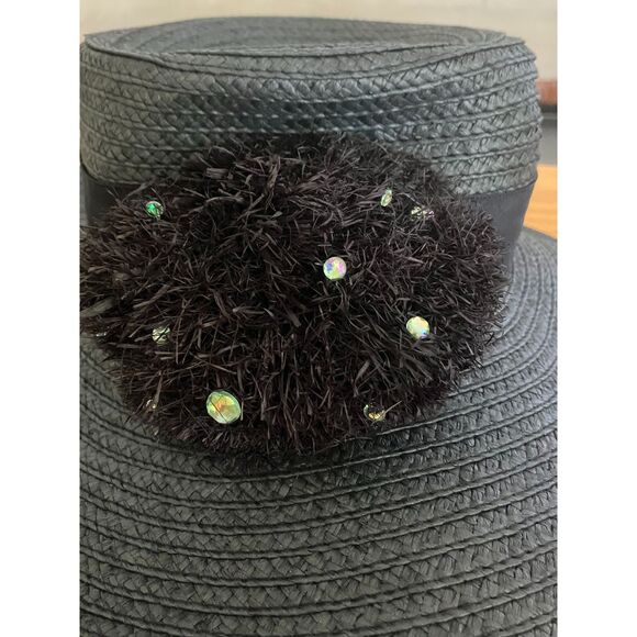 August Hat Company Black Wide Brim Straw Hat - Floral Embellishment - Picture 6 of 7